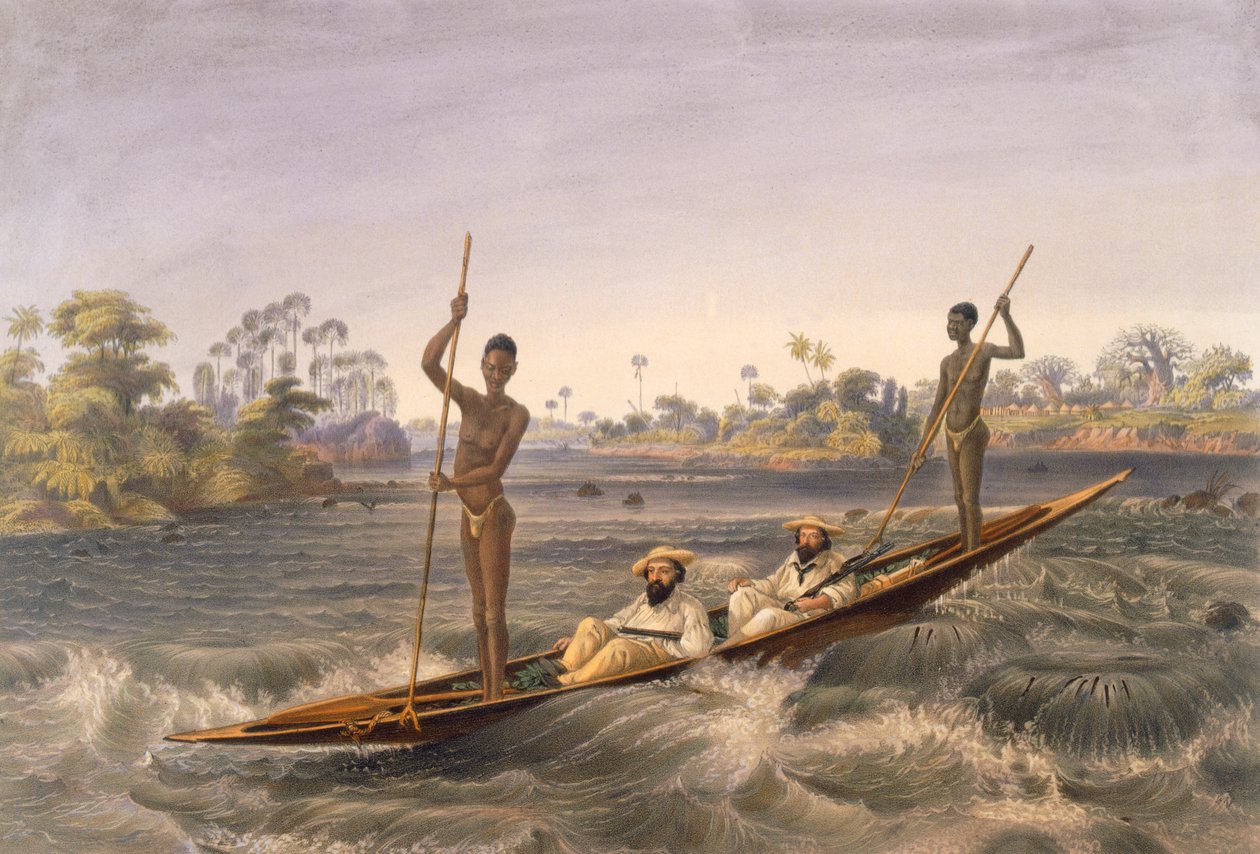 Zanjueelah, båtsman i forsarna, från "The Victoria Falls, Zambesi River", pub. 1865 av Thomas Baines