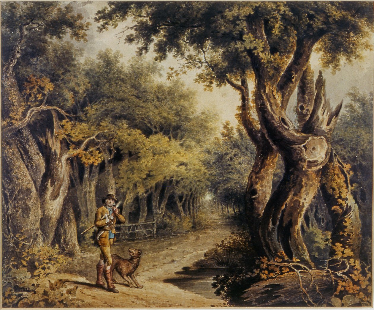 Skogsscen med skogsman och hund av Thomas Barker of Bath