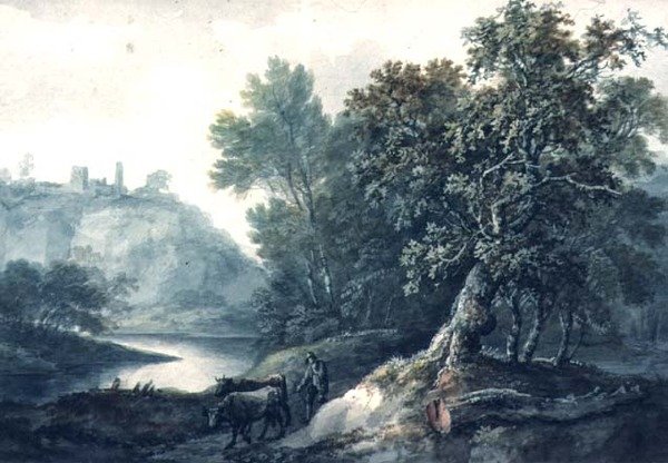 Landskap med flod och boskap (wc på papper) av Thomas Barker of Bath