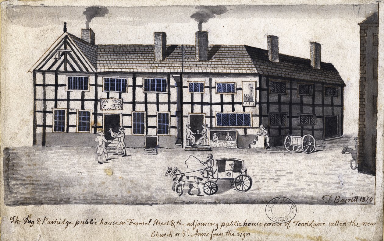 The Dog and Partridge, Manchester, 1819 (penna och bläck och tvätt på papper) av Thomas Barritt