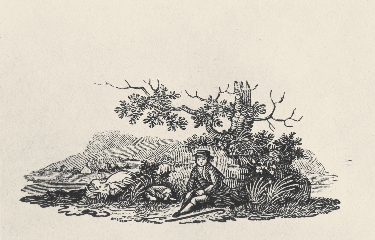 A Gentleman under a Tree, from Land Birds, publicerad 1797 (trägravyr) av Thomas Bewick