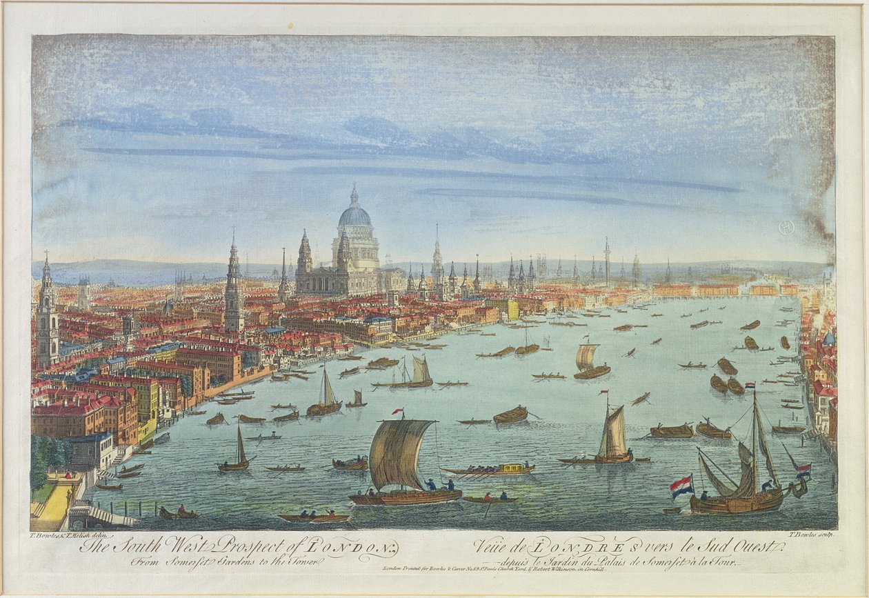 South West Prospect of London, från Somerset Gardens till Tower (färglitografi) av Thomas Bowles