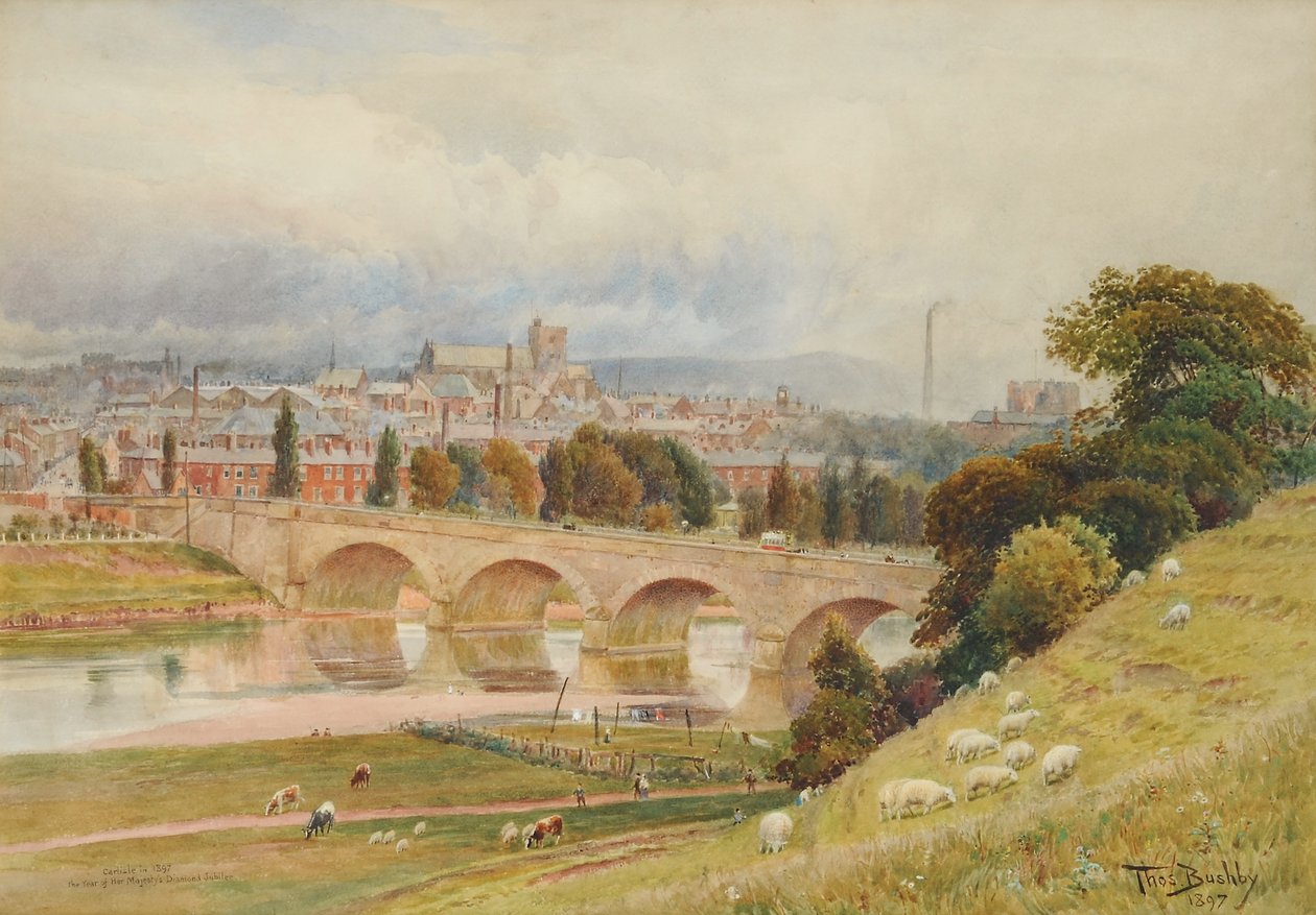 Carlisle från Rickerby Park under Her Majestys Diamond Jubilee, 1897 (wc på papper) av Thomas Bushby