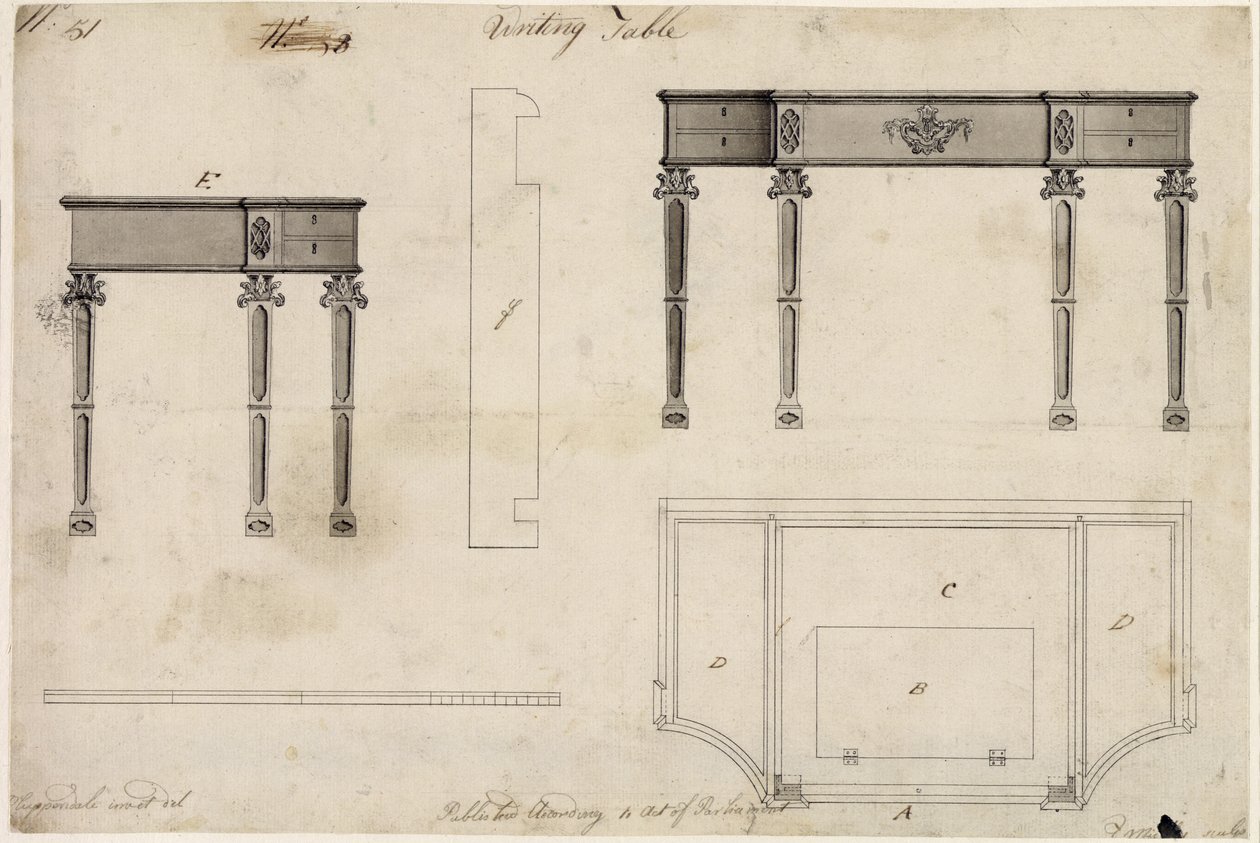 Design för ett skrivbord (penna och bläck med grå tvätt över grafit på vävt papper) av Thomas Chippendale