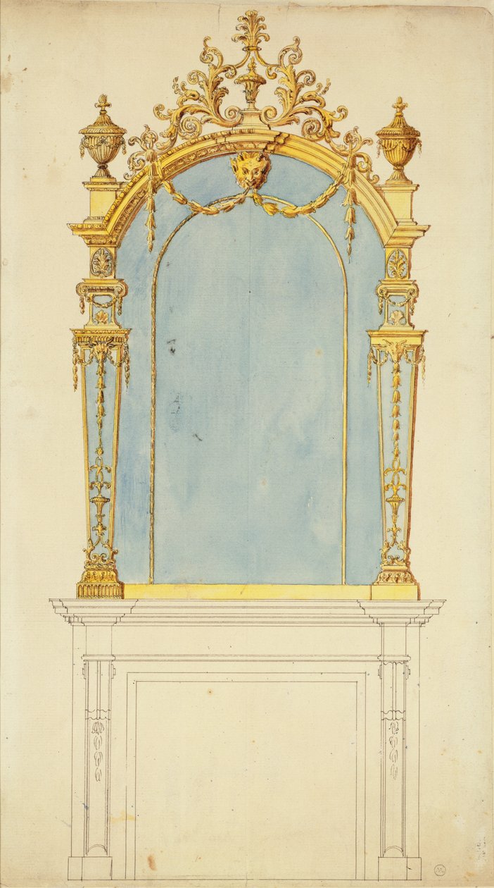 Design för en spegel i förgyllt trä, ca 1765-70 (penna och bläck med wc på papper) av Thomas Chippendale