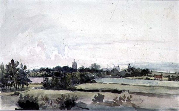 Suffolk-landskap, fält med ett bälte av träd, ett kyrktorn, hus och en väderkvarn av Thomas Churchyard