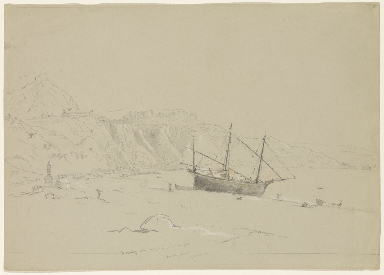 Båt på en strand nära Taormina, Sicilien, 1842 (penna förhöjd med vit krita på papper) av Thomas Cole