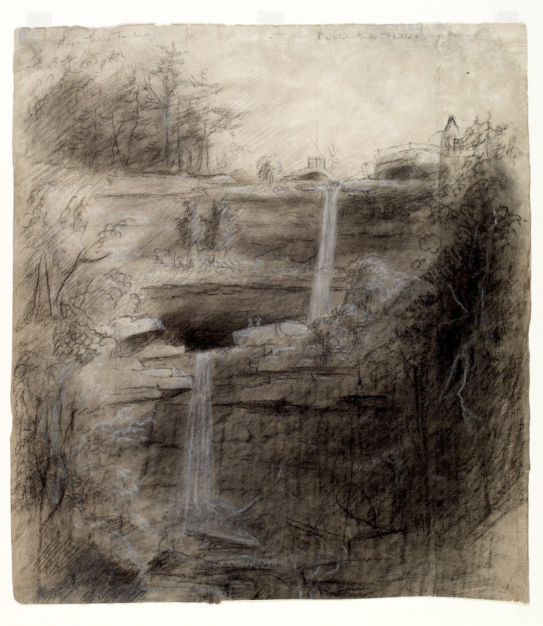 Dubbelt vattenfall - Kaaterskill Falls, 1826 (kol, svartvit krita och grafitpenna på papper) av Thomas Cole