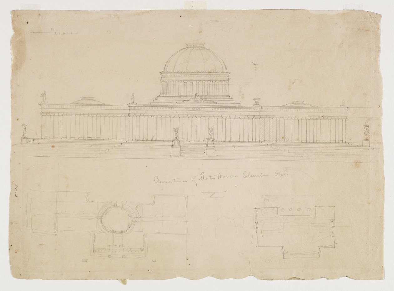 Elevation of the State House, Columbus, Ohio, ca 1838 (grafitpenna på beige vävt papper) av Thomas Cole