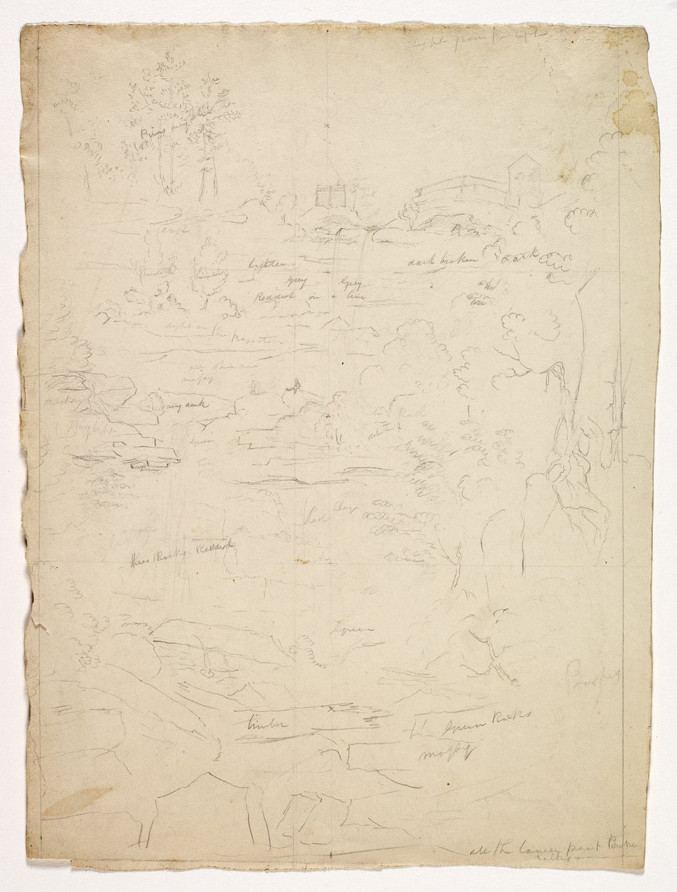 Från toppen av Kaaterskill Falls, 1826 (grafitpenna på benvitt vävt papper) av Thomas Cole