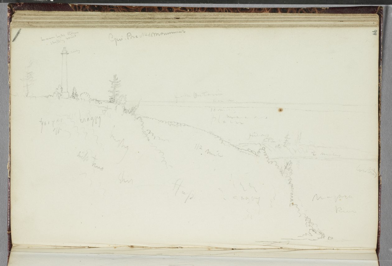 General Brock Monument, Queenston, Ontario, 1829 (grafitpenna på benvitt vävt papper) av Thomas Cole