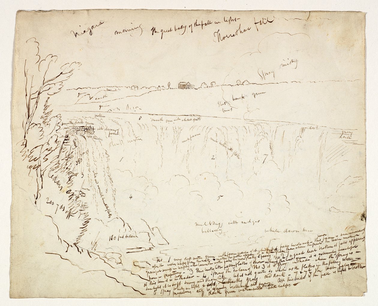 Horseshoe Falls, Niagara, Morning, ca 1829 (penna och brunt bläck över grafit på benvitt vävt papper) av Thomas Cole