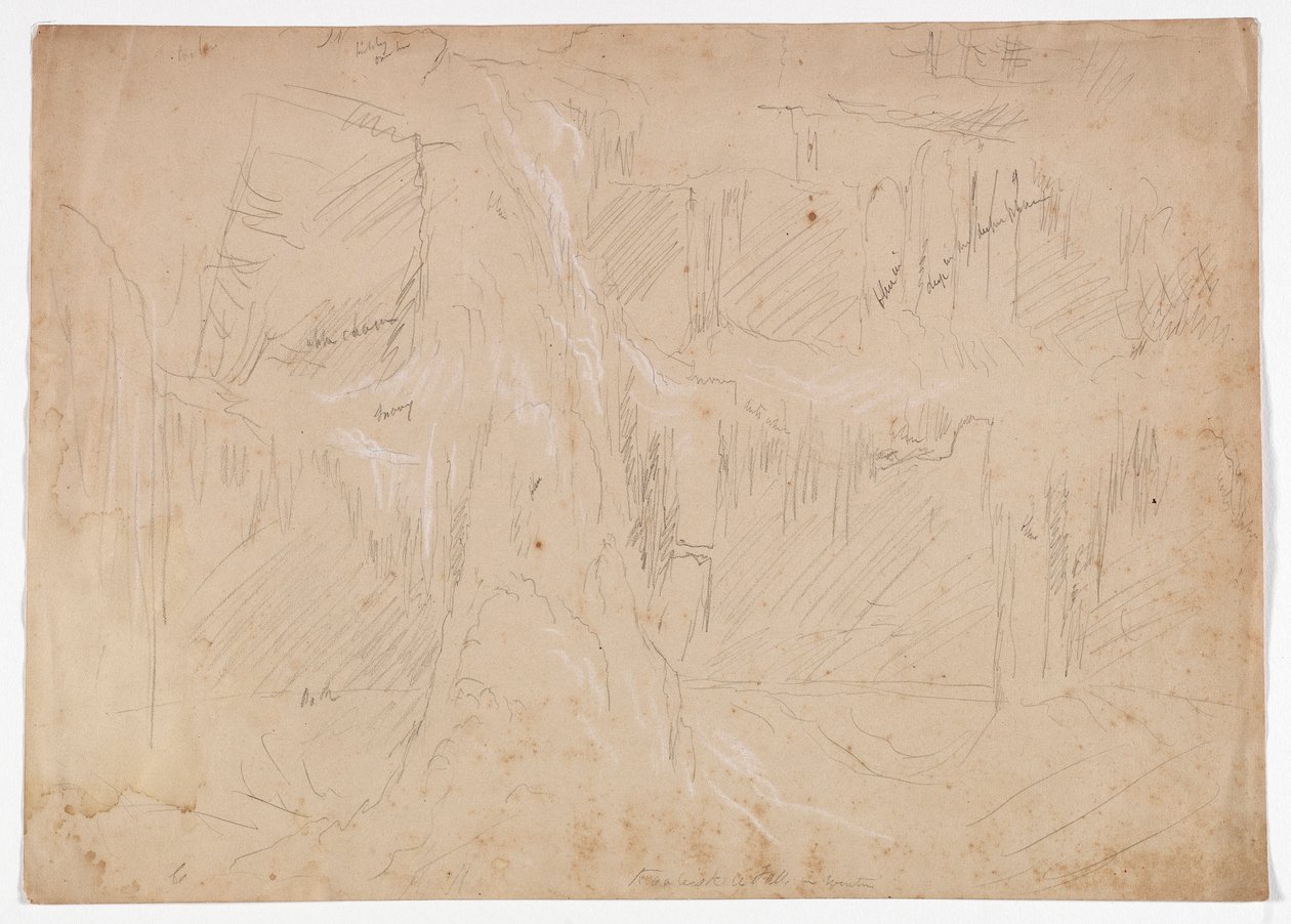 Kaaterskill Fall in Winter, 1843 (grafitpenna förhöjd med vit krita på papper) av Thomas Cole
