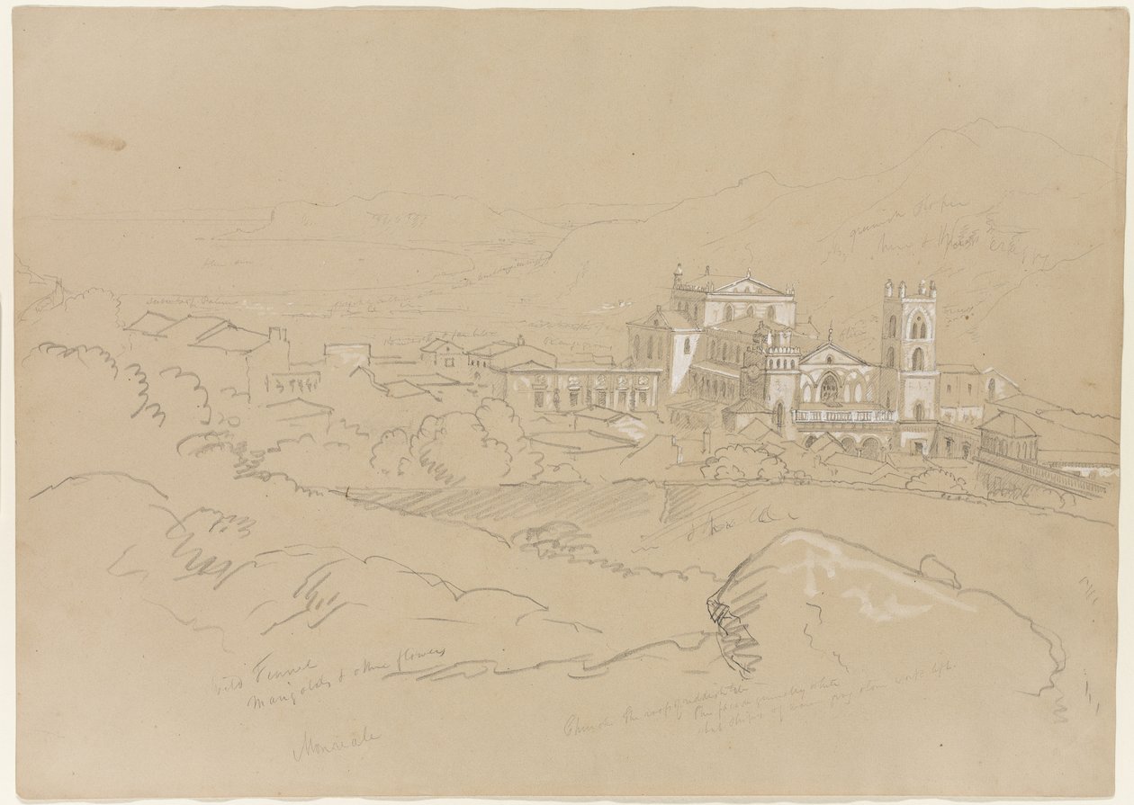 Monreale, Sicilien, 1842 (penna förhöjd med vit krita på papper) av Thomas Cole
