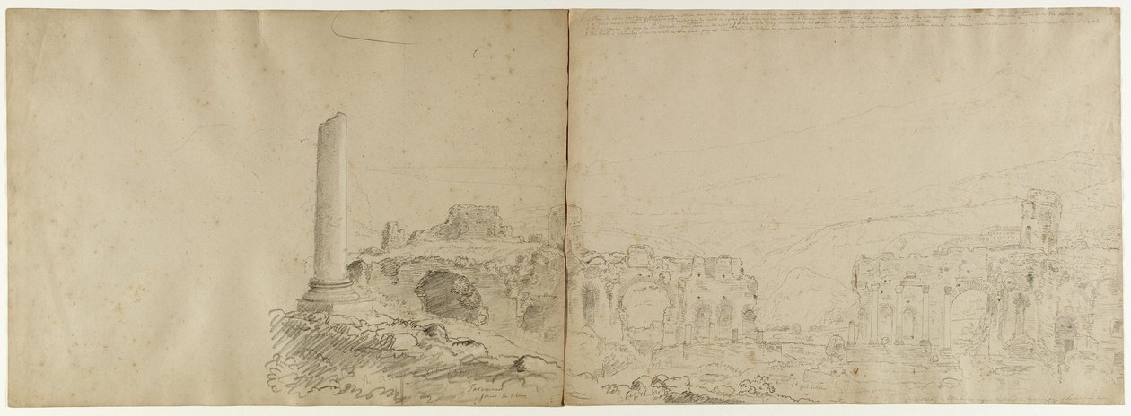 Etna från Taormina, Sicilien, 1842 (penna förhöjd med vit krita på papper) av Thomas Cole