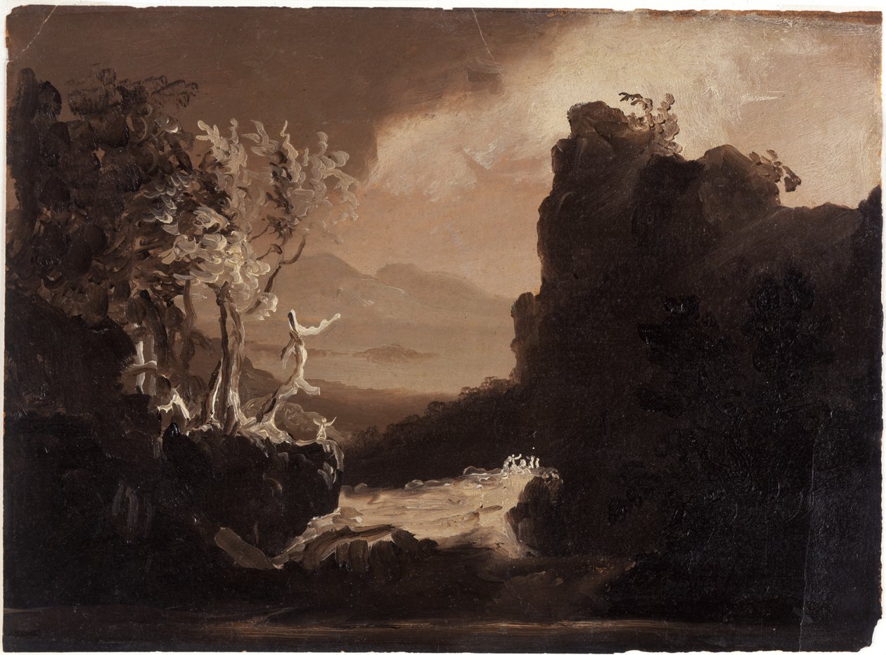 Romantic Landscape (Last of the Mohicans), 1827 (olja på papper) av Thomas Cole