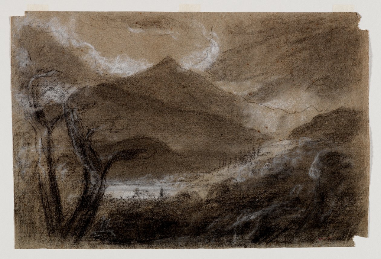 Schroon Mountain, Adirondacks, ca 1837 (svartvit krita på grått vävt papper) av Thomas Cole