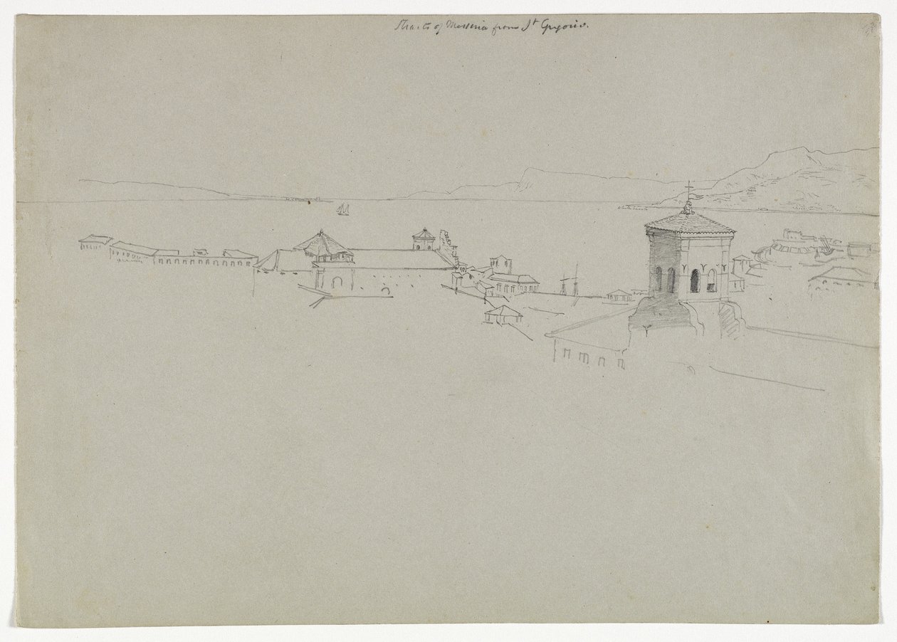Messinasundet från San Gregorio, Messina, Sicilien, 1842 av Thomas Cole