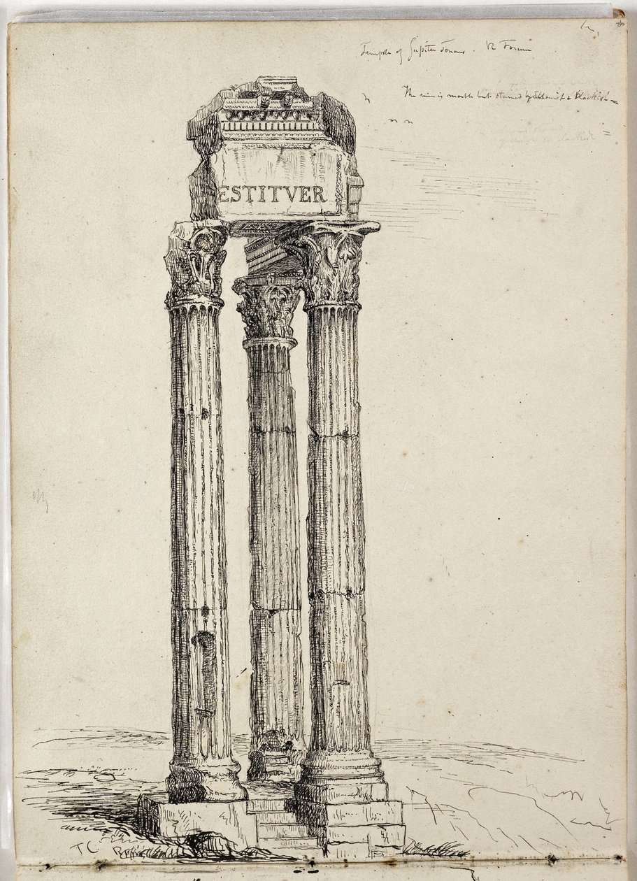 Vespasianus tempel, kallat Jupiter Tonans tempel, Roman, Forum, ca. 1831 (penna och bläck över penna på papper) av Thomas Cole
