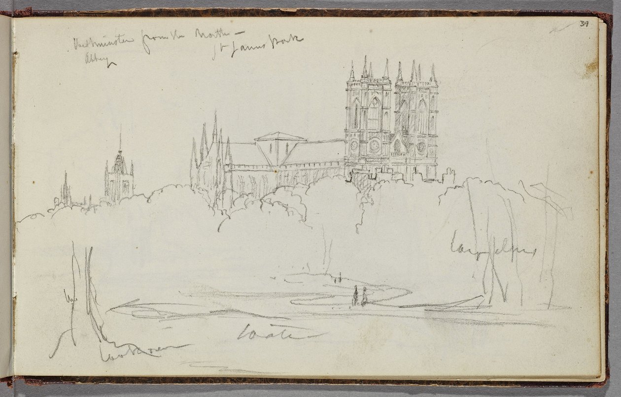 Westminster Abbey från norr, St. James Park, ca 1830 (grafitpenna på benvitt vävt papper) av Thomas Cole