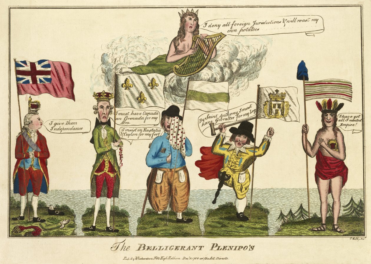 Den krigiska Plenipos, pub. 1782 (handkolorerad gravyr) av Thomas Colley