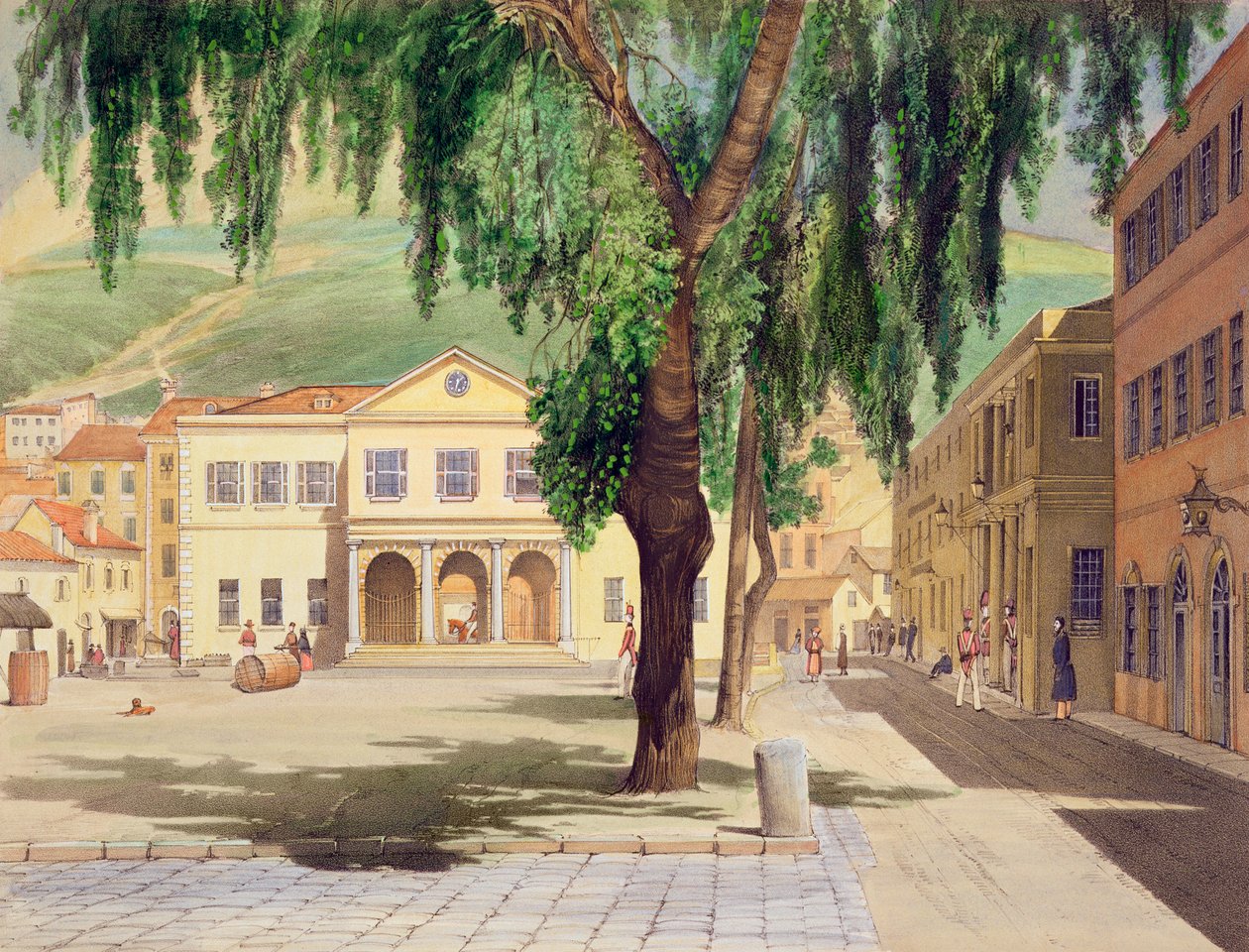 Commercial Square, Commercial Library och Main Guard, City of Gibraltar, illustrerad i "Select Views of the Rock and Fortress of Gibraltar" av J.M. Carter, 1845 (se även 22966) av Thomas Colman Dibdin