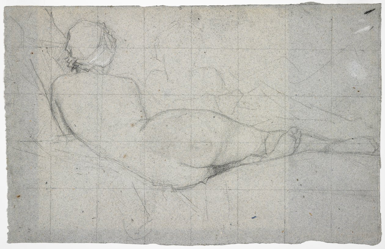 Liggande kvinnlig naken och partiell studie av en andra kvinnlig figur, ca 1855-60 (svart och vit krita på blågrått papper) av Thomas Couture