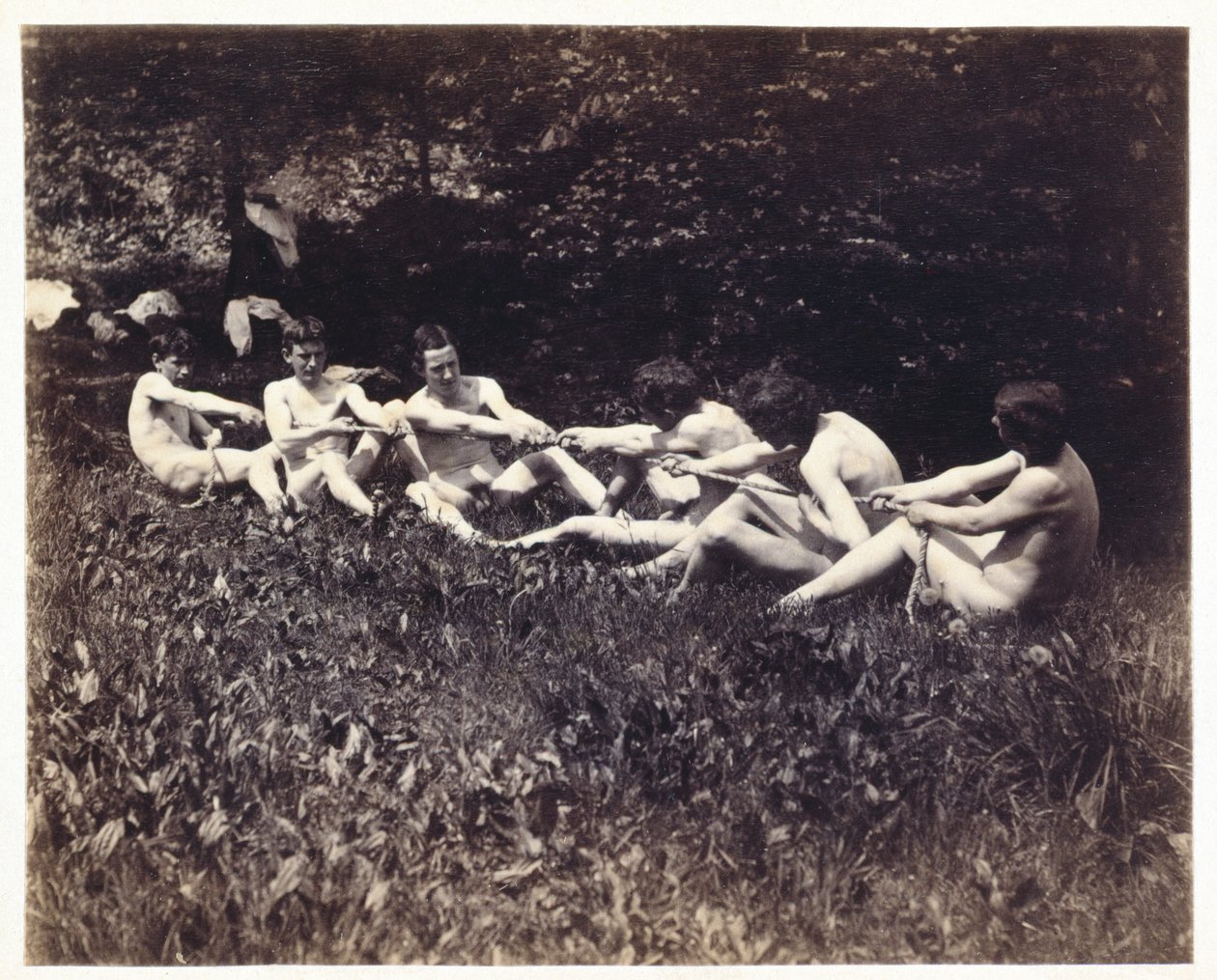 Manliga nakenbilder i sittande dragkamp, ca 1883 (albumintryck) av Thomas Eakins