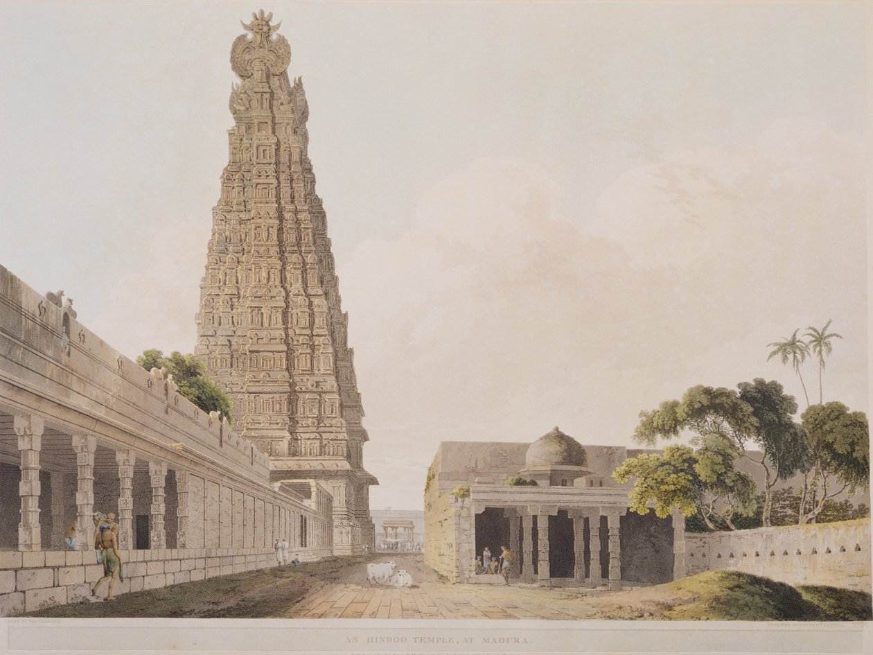 Hindu Temple at Madura, tallrik XVI från Oriental Scenery, publicerad 1798 (färgad akvatint) av Thomas Daniell