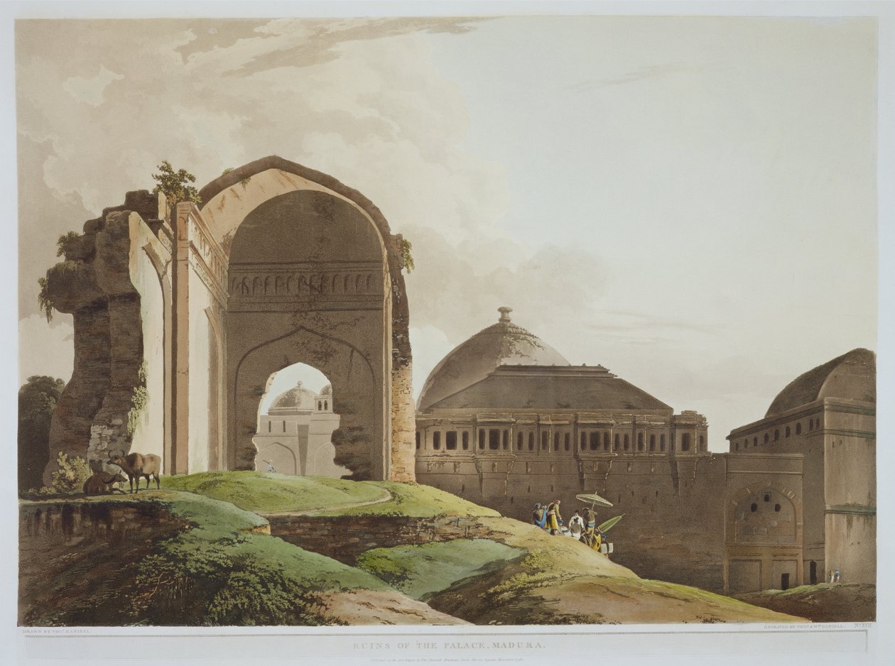 Ruinerna av palatset, Madura, skylt 17 från del 2 av Oriental Scenery, graverad av konstnären och William Daniell (1769-1837) 1798 (akvatint) av Thomas Daniell