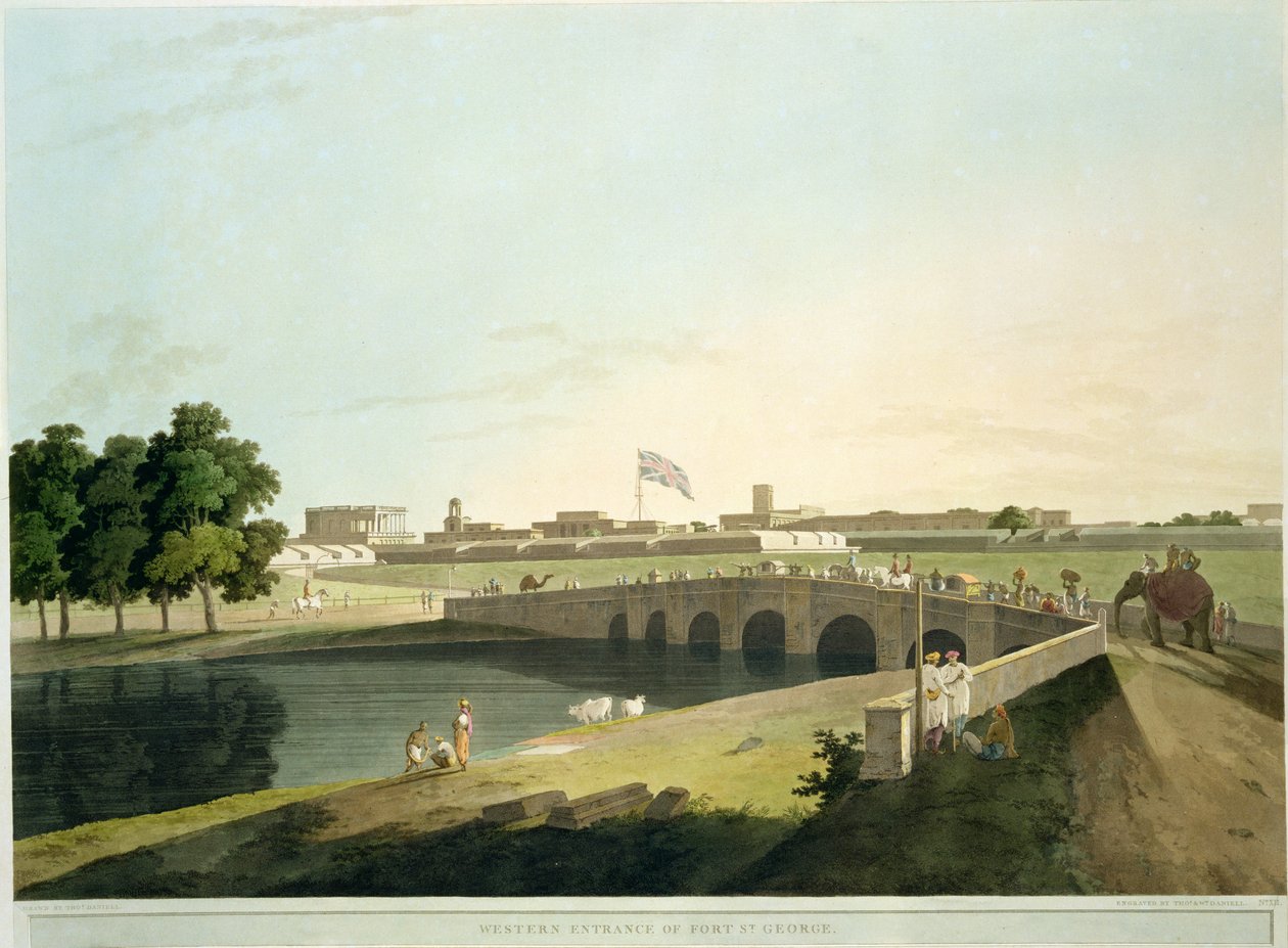 Västra ingången till Fort St. George, Madras, platta 38 från "Oriental Scenery: Twenty Four Views in Hindoostan", graverad av Thomas och William (1769-1837) Daniell, publicerad 1798. av Thomas Daniell