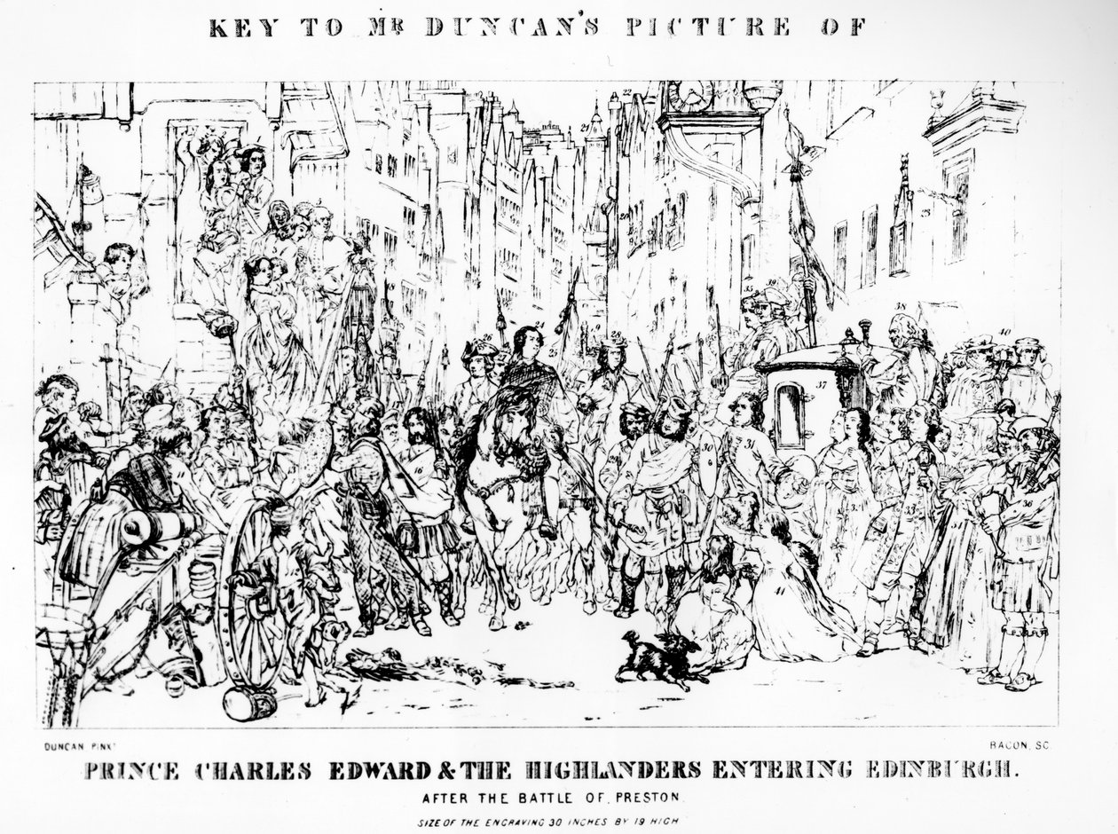 Nyckeln till Mr Duncans bild av prins Charles Edward (1720-88) och högländarna på väg in i Edinburgh efter slaget vid Preston, 21 september 1745, graverad av Bacon (se 10 av Thomas Duncan