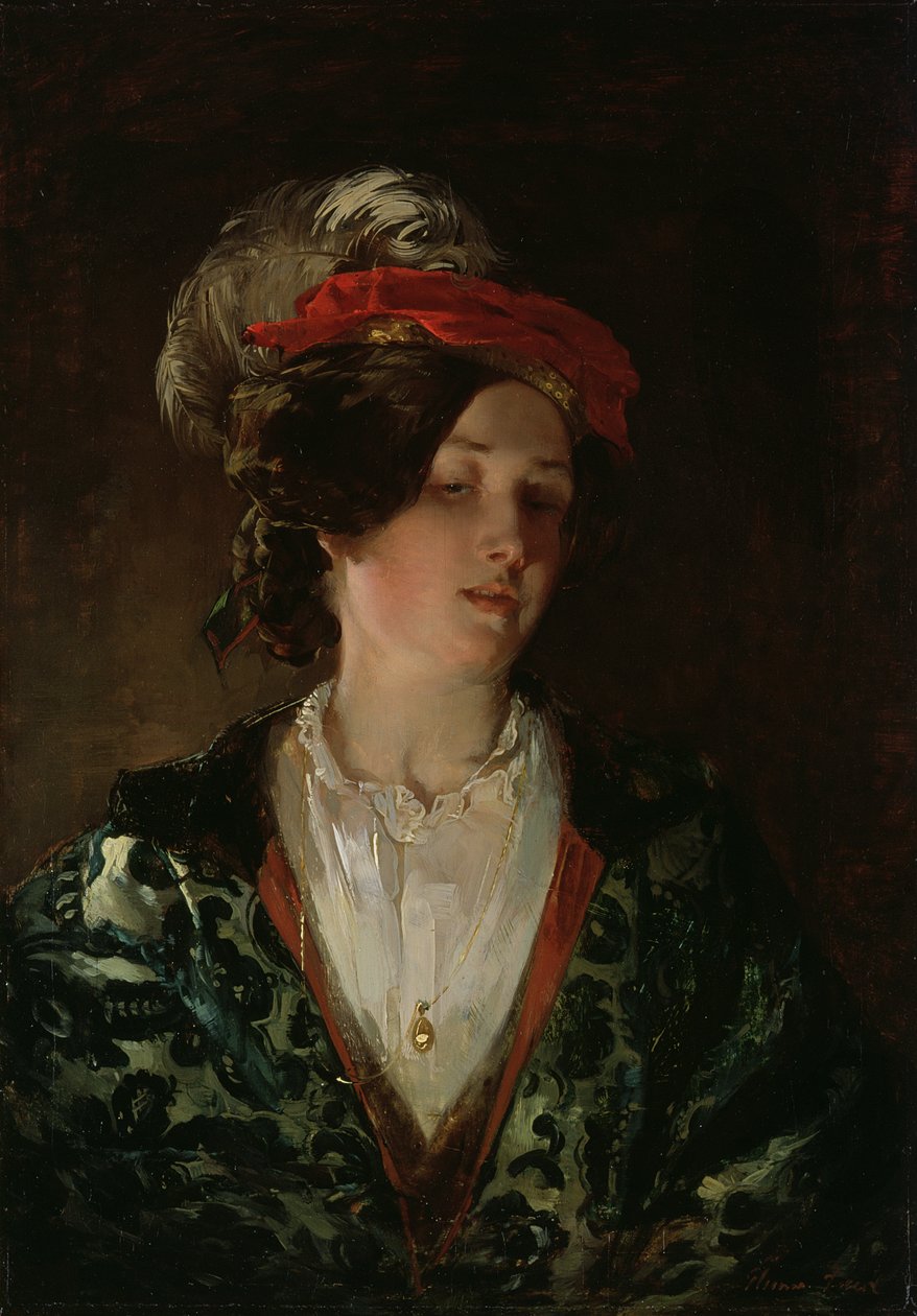 Dam i en befjädrad huva av Thomas Faed