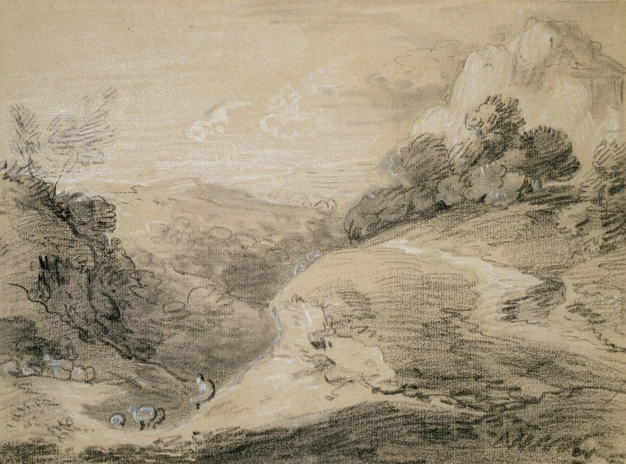 Ett kuperat landskap med herde och får (svartvit krita på gulfärgat papper) av Thomas Gainsborough