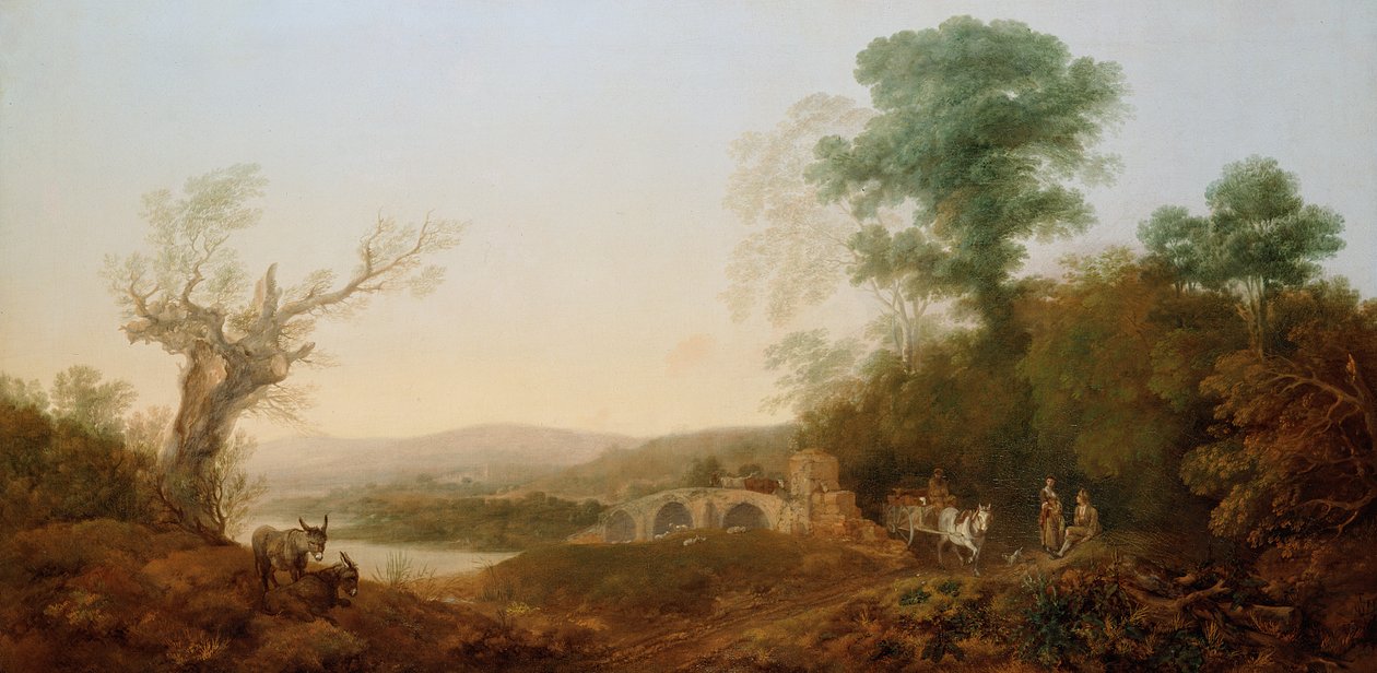 Ett flodlandskap med resenärer som vilar på kanten av en skog av Thomas Gainsborough