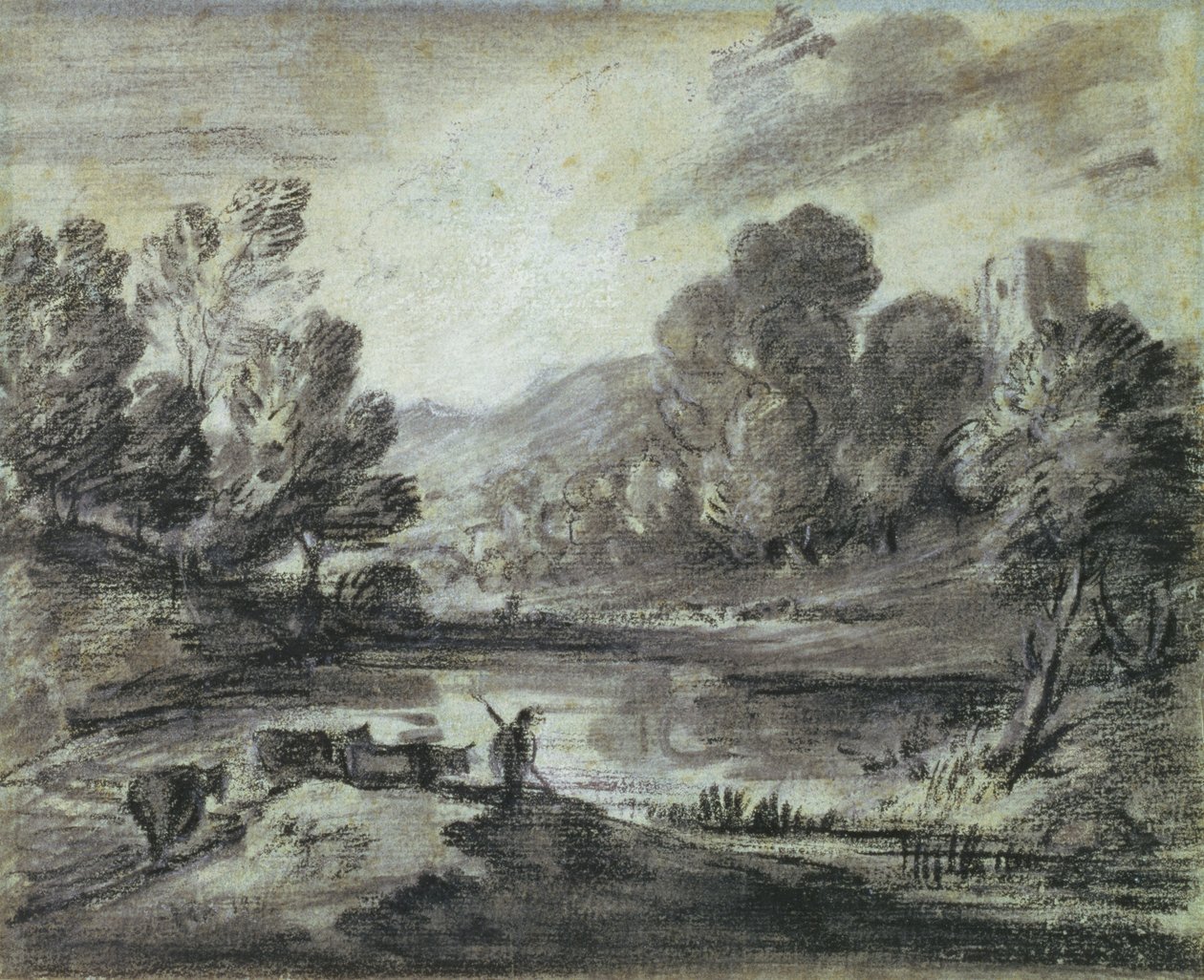 Ett kuperat landskap, ca 1775-80 (svart krita, stubbe och vit krita på blått papper) av Thomas Gainsborough