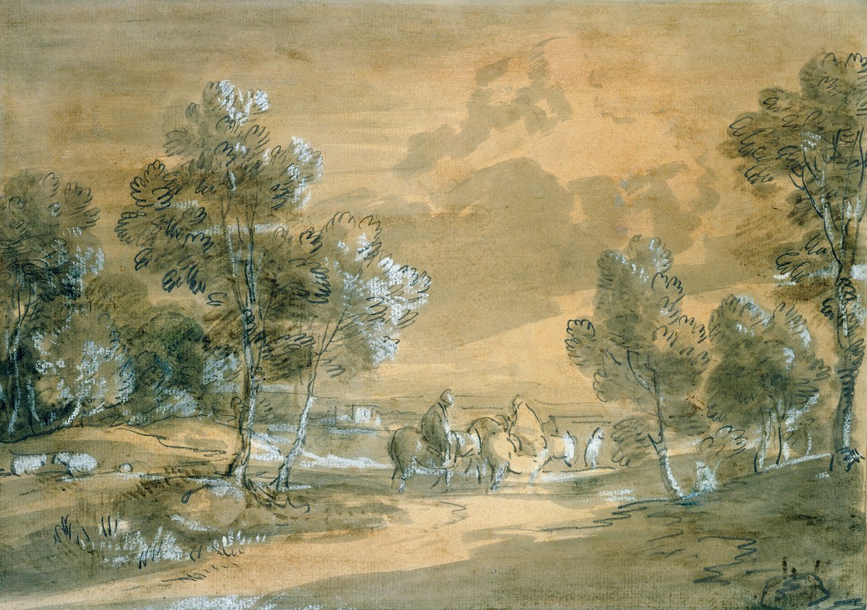 Ett öppet landskap med resenärer på en väg (wc och krita över grafit) av Thomas Gainsborough
