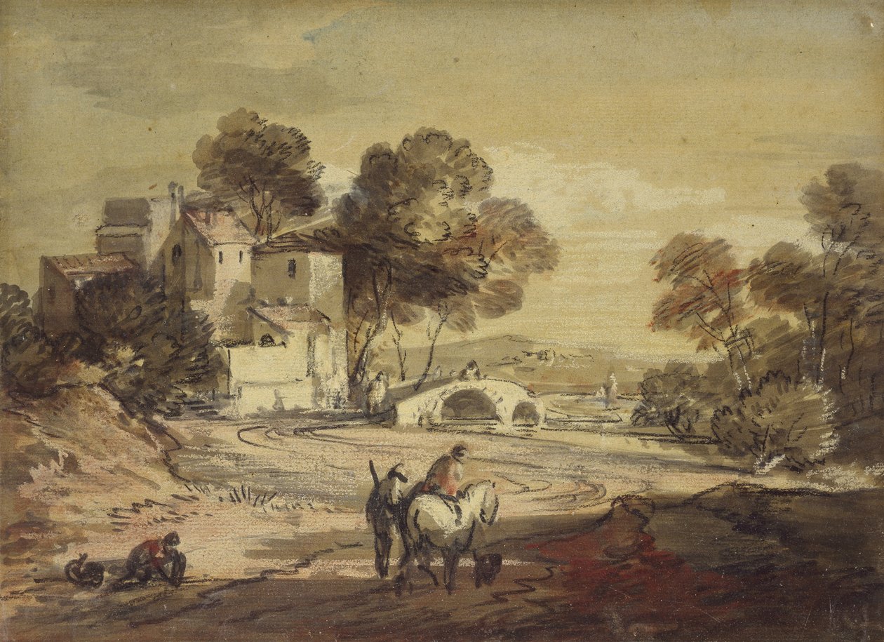 Italienskt landskap med resenärer på en slingrande väg, 1775 - 1779 (svart krita med akvarell och kroppsfärg, lackerad) av Thomas Gainsborough