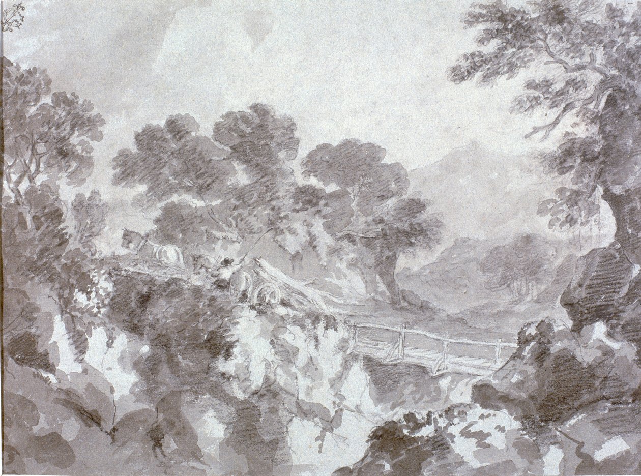 Landskap med bro (wc, penna och krita på papper) av Thomas Gainsborough
