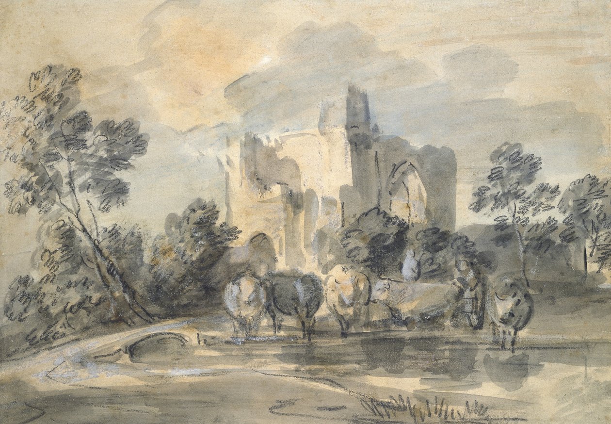 Landskap med ett förstört slott och boskap vid en pool (svart krita och akvarell, förstärkt med vitt, på blekt gult papper) av Thomas Gainsborough