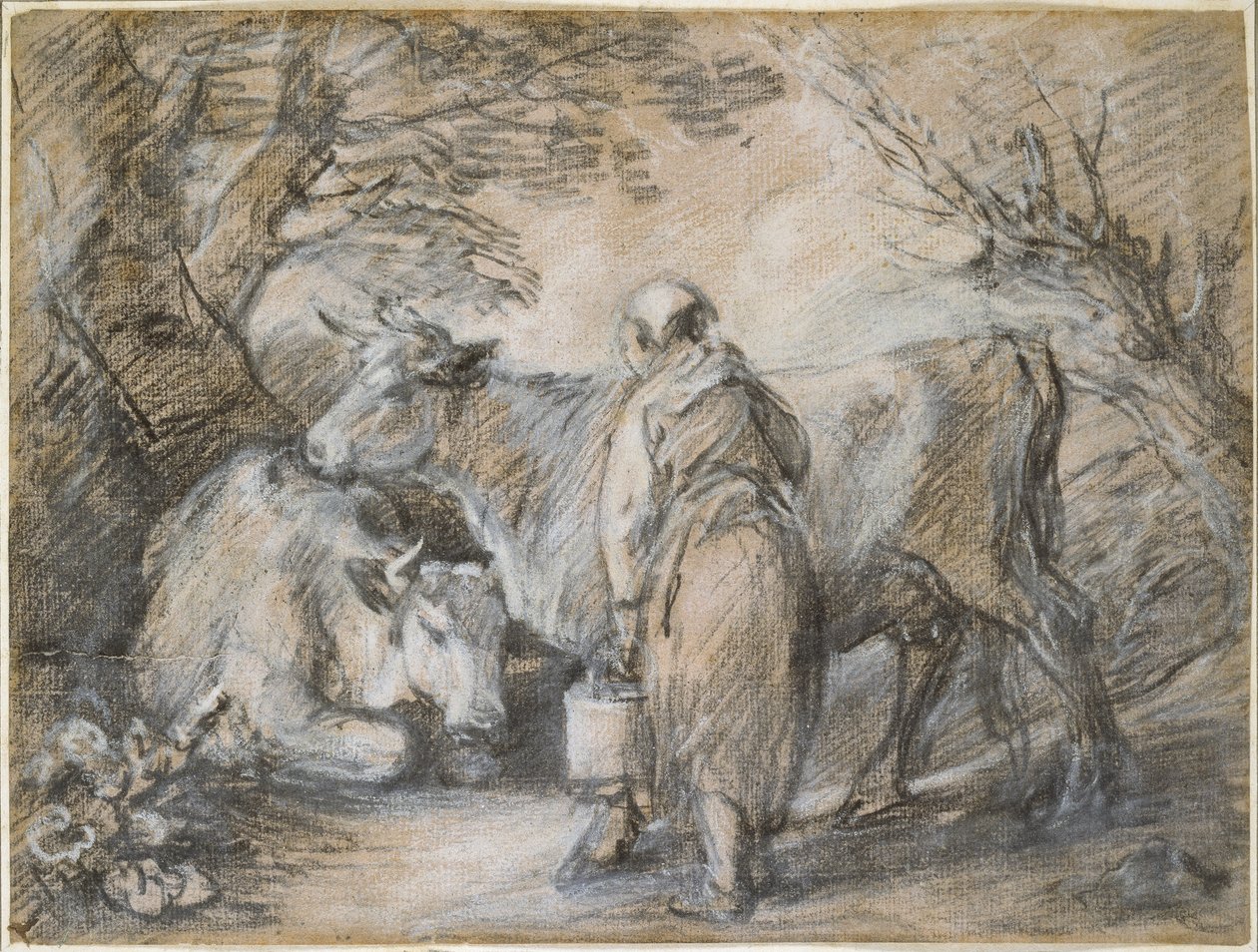 Mjölkflicka med två kor (svart krita och stubbe förstärkt med vitt, på grovt papper preparerat med rosa) av Thomas Gainsborough