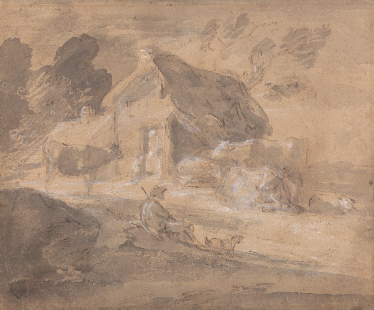 Öppet landskap med figurer, kor och stuga av Thomas Gainsborough