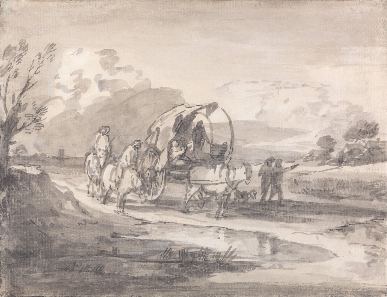 Öppet landskap med ryttare och täckt vagn av Thomas Gainsborough