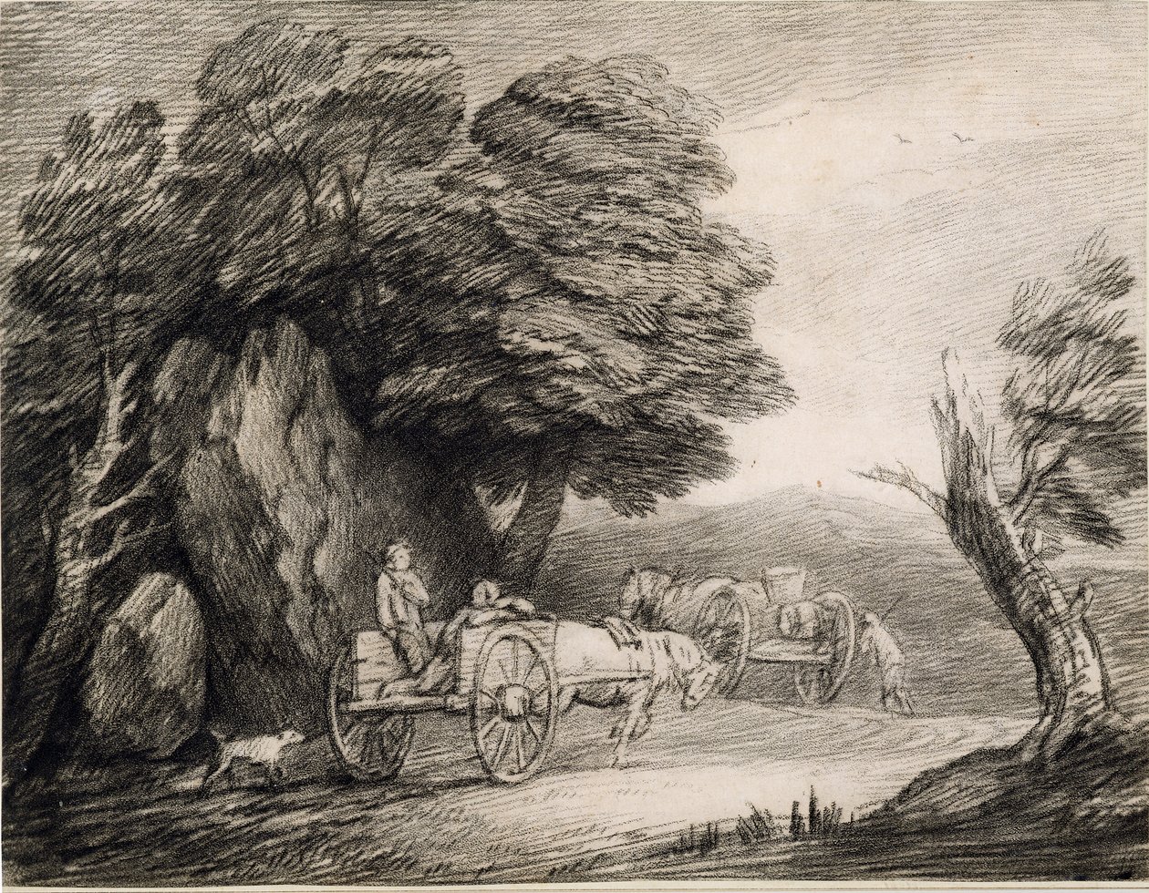 Skogbevuxen landskap med vagnar och figurer (etsning på papper) av Thomas Gainsborough