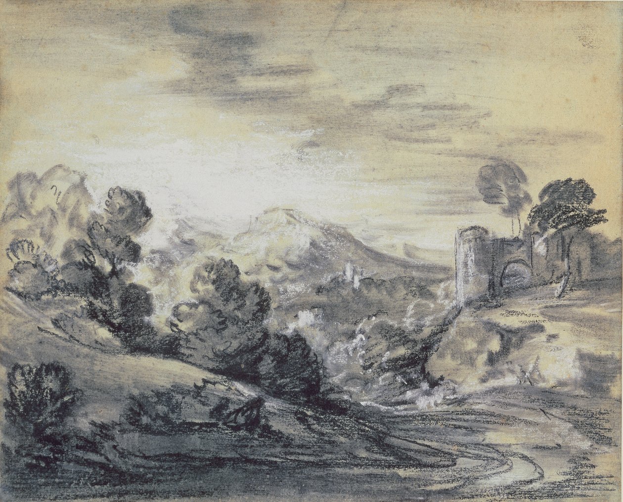 Skoglandskap med slott, ca 1785-88 (svart och vit krita på lagt papper) av Thomas Gainsborough