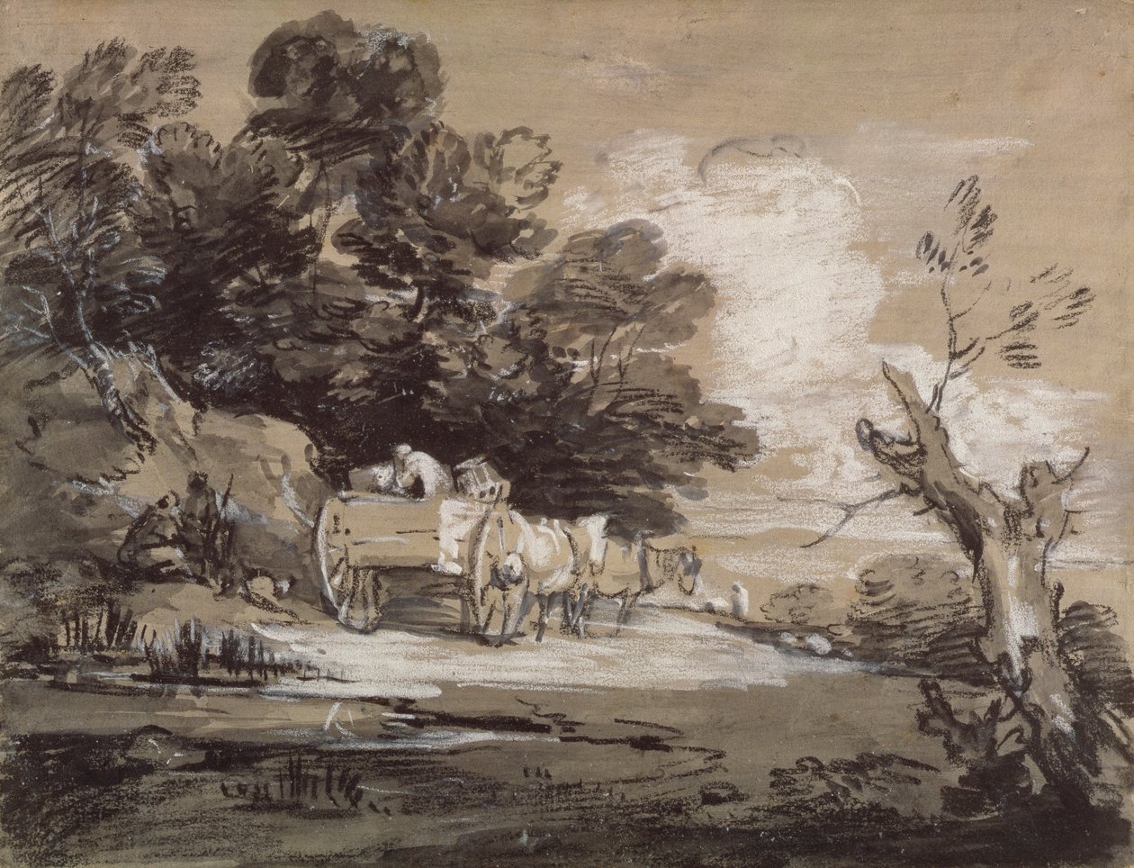 Skogslandskap med lantvagn och figurer, ca 1785-88 (svartvit krita med tvätt på papper) av Thomas Gainsborough