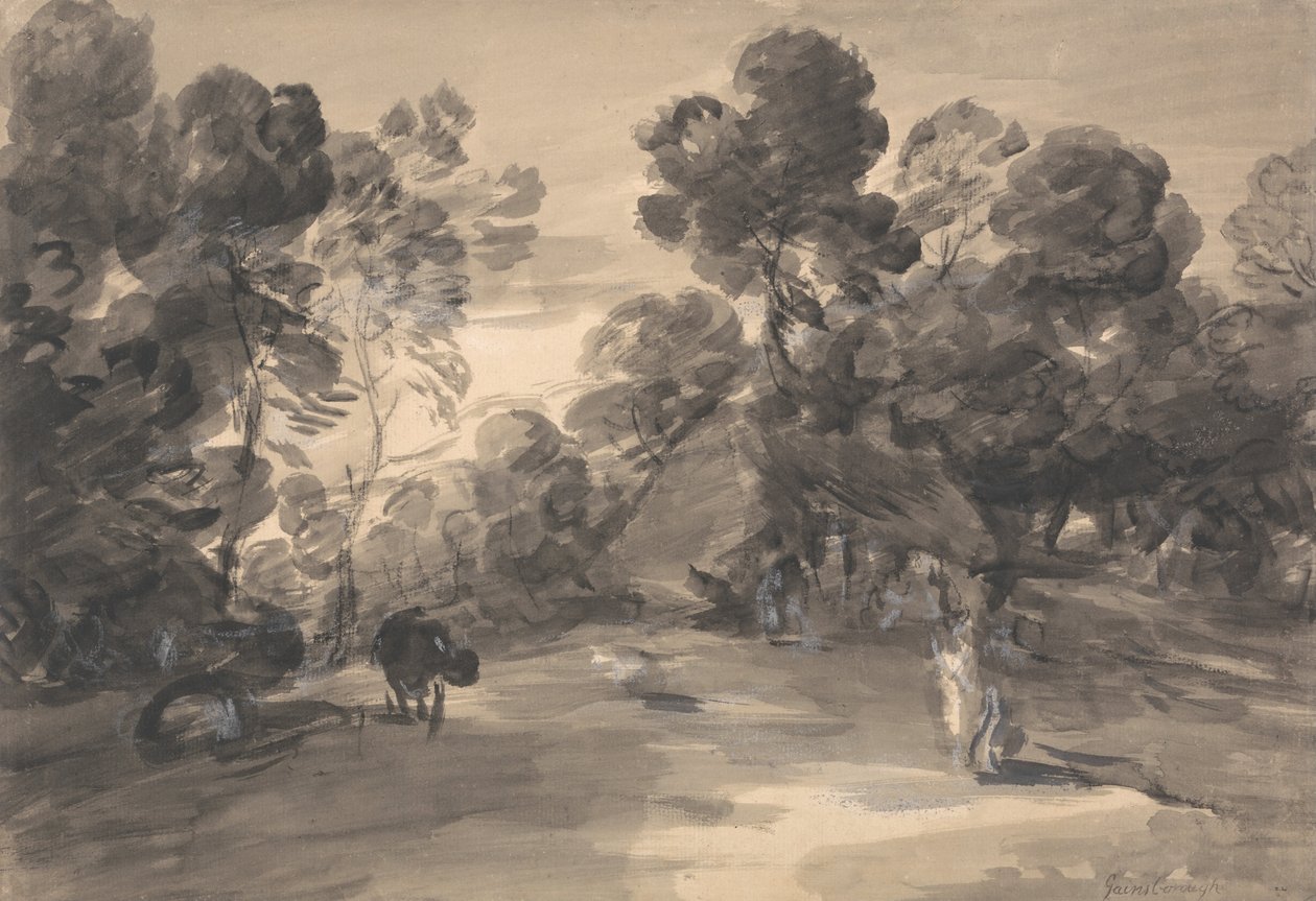 Skogslandskap med figurer, stuga och ko av Thomas Gainsborough