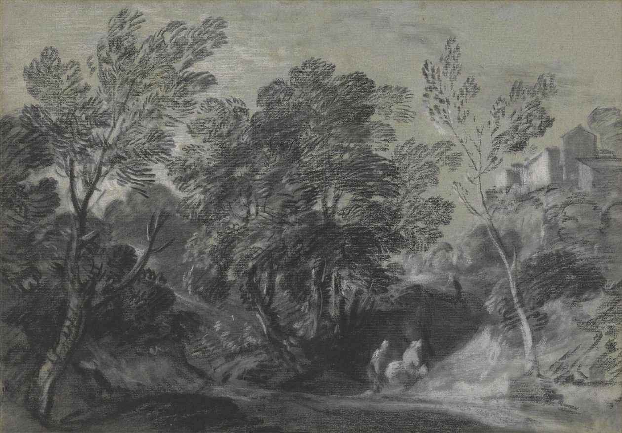 Trädbevuxet landskap med figurer och hus på kullen av Thomas Gainsborough