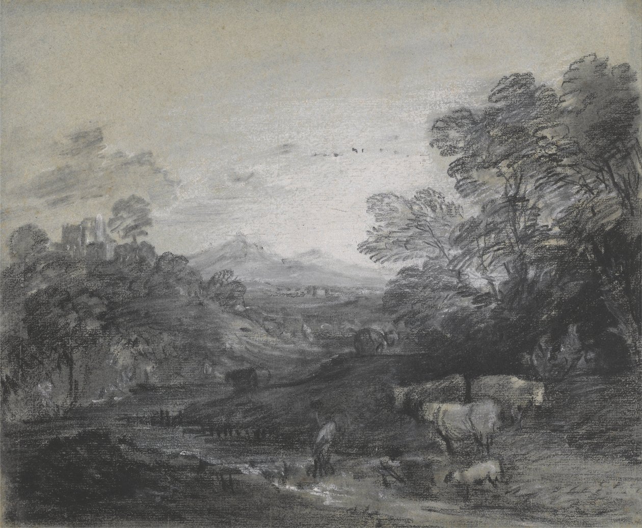 Skogbevuxet landskap med besättare och nötkreatur, byggnader på en kulle och rustika älskare av Thomas Gainsborough