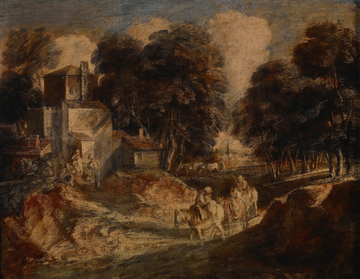 Skogbevuxet landskap med monterade bönder av Thomas Gainsborough